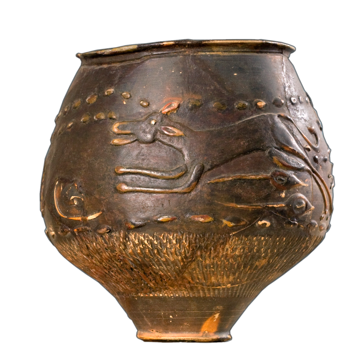 A dark ceramic cup with a narrow bottom. On the side is a dog running.
