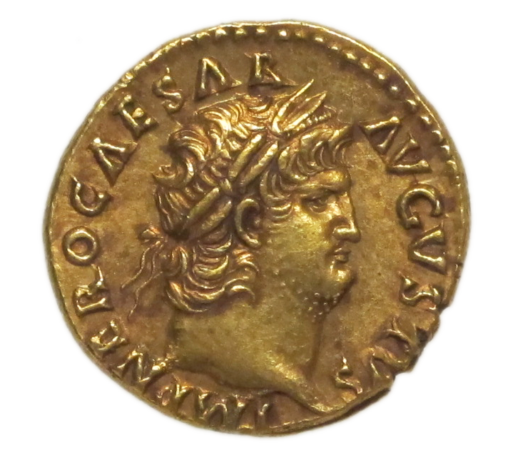 A gold coin with a profile of Nero.