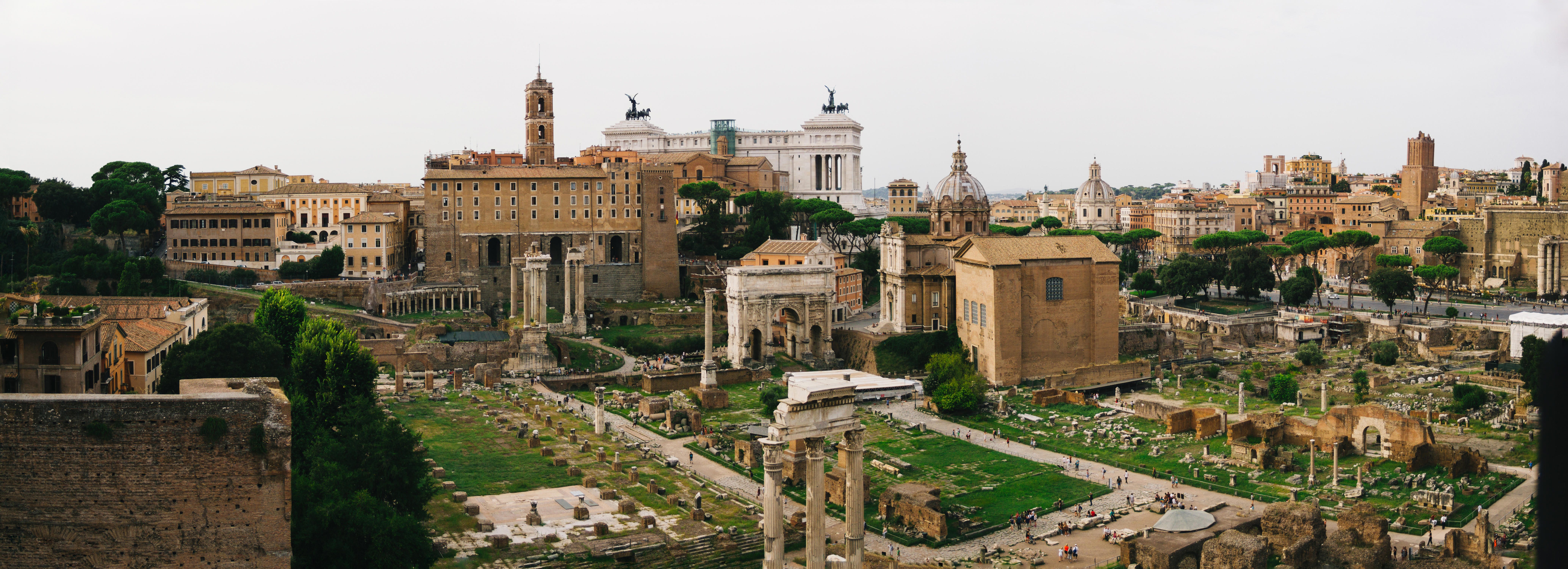 A photo showing the remains of the Forum Romanum today taken from the Palatine Hill facing towards the Capitoline.